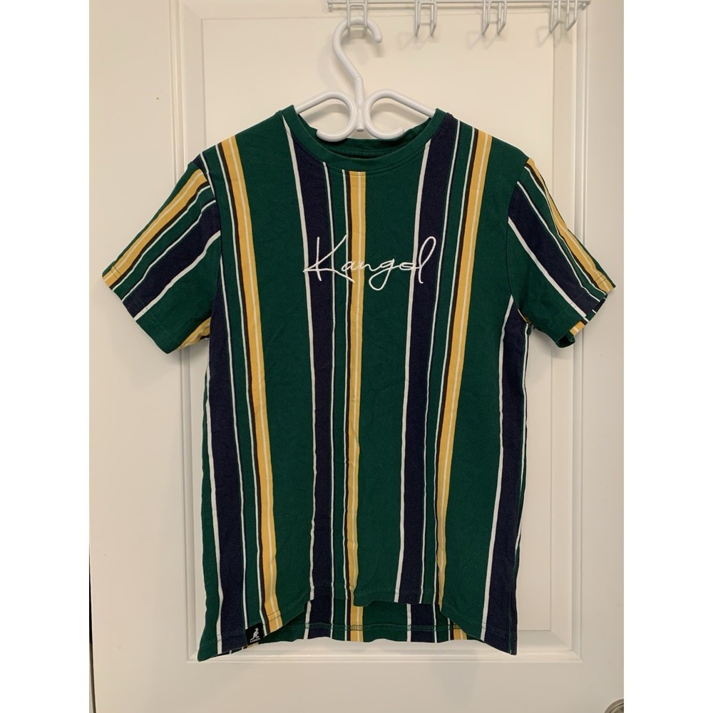 VTG Y2K Kangol Rugby Vertical Striped Shirt Medium Green 90s Hip Hop Streetwear